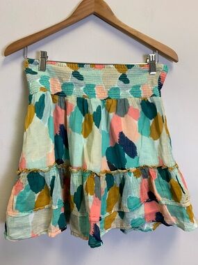 THML Multicolor Smocked Tiered Mini Skirt in Teal, Coral, Mustard & Navy